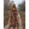Vintage Pattern Printed High Waist Dress Casual Women V Neck Pleated Bohemian Autumn Long Sleeved Pleated
