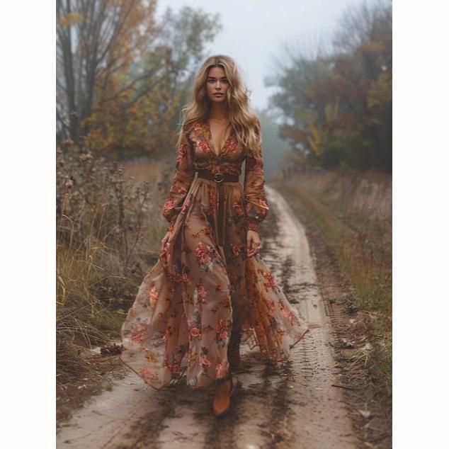 Vintage Pattern Printed High Waist Dress Casual Women V Neck Pleated Bohemian Autumn Long Sleeved Pleated