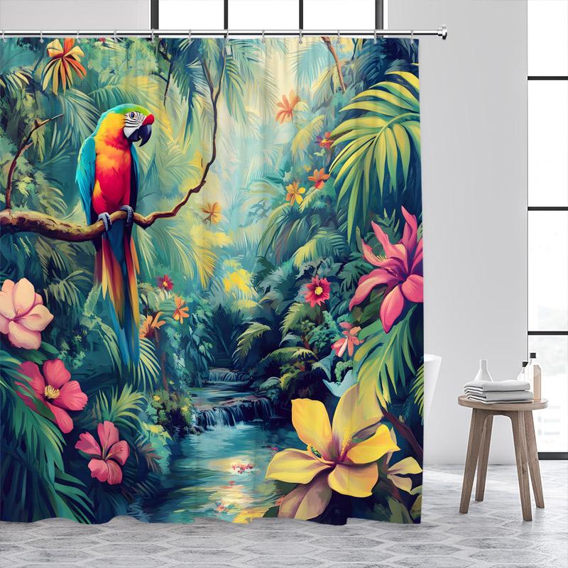 Tropical Jungle Parrot Shower Curtains Green Plant Leaves Flowers Birds Rainforest Scenery Polyester Home Bathroom Curtain Decor
