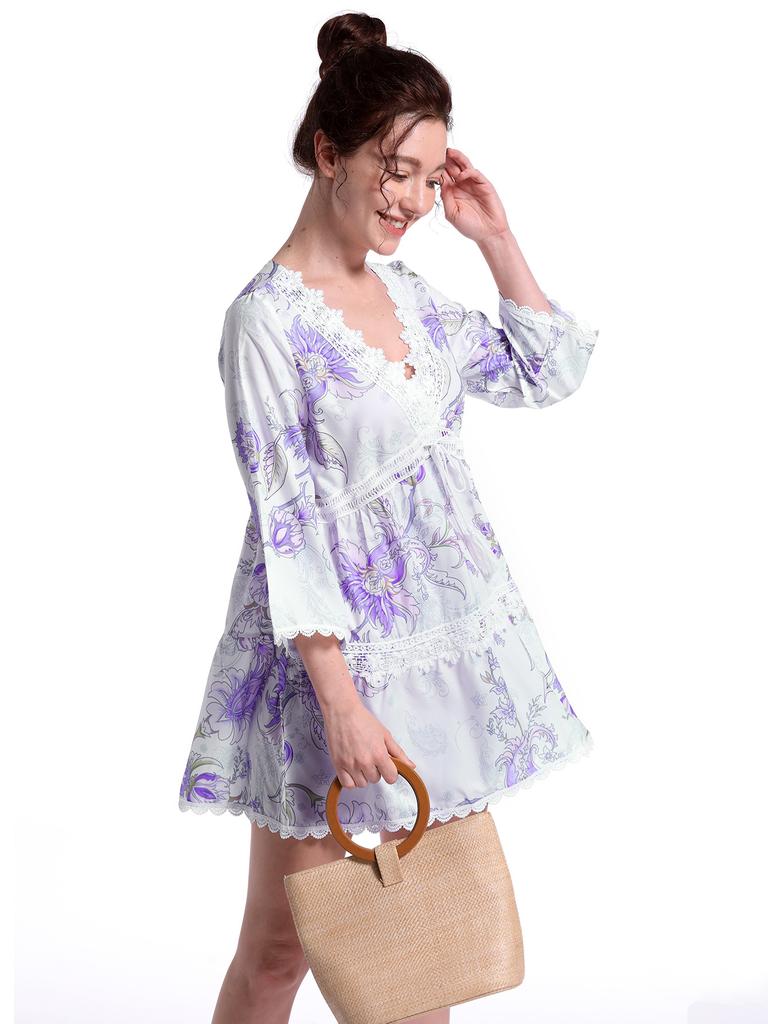 European and American new V-neck print dress seven-quarter sleeve sexy dress sexy vacation dress