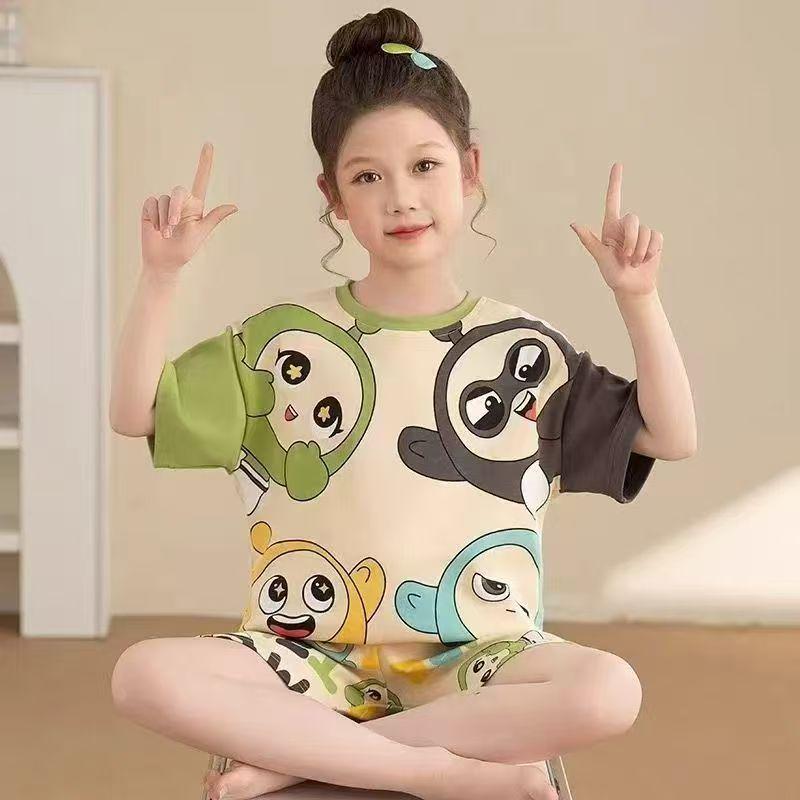 Cartoon Girls' Short-Sleeve Summer Pajama Set for Medium To Large Children - Two-Piece Air Conditioning Suit