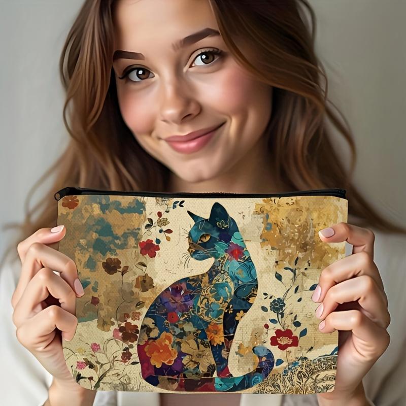 Lightweight Polyester Vibrant Floral Cat Pattern Makeup Bag with Zipper Travel Cosmetic Pouch for Women, Artistic Design Flowers