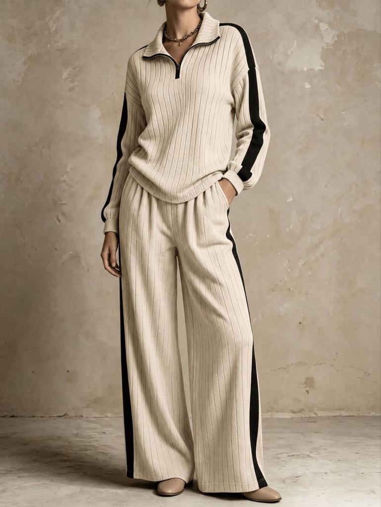 European and American autumn and winter new women's clothing half-zipper lapel contrasting top wide-leg pants casual sports suit