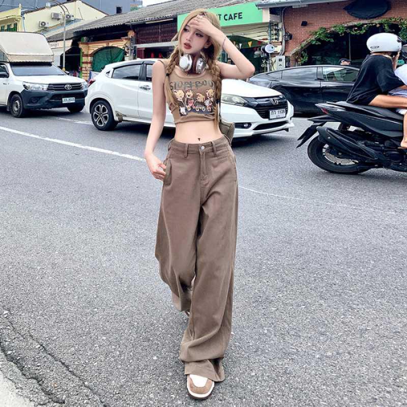 

Women s Retro Coffee Brown Wide-Leg High-Waisted Denim Pants - Summer Slimming Floor-Length Style Extra Small