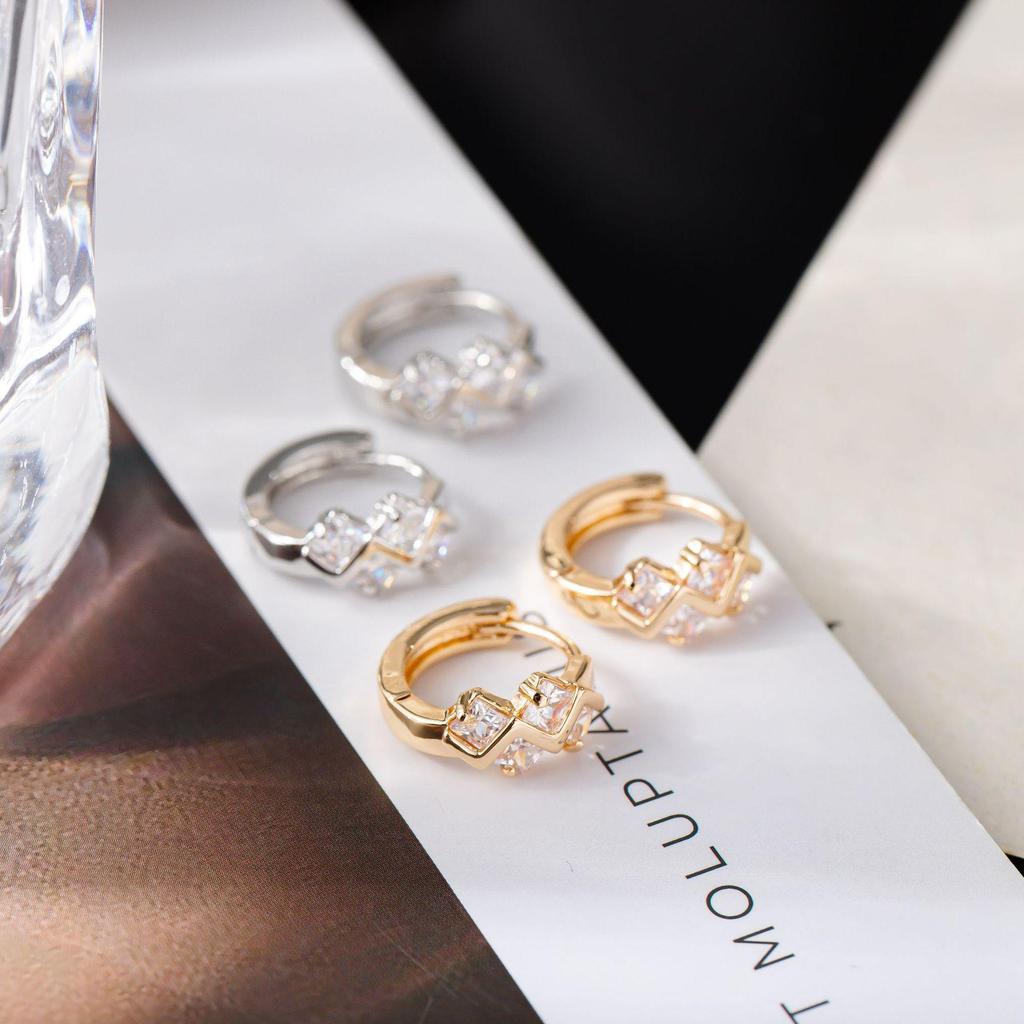 Korean-Style Geometric Earrings: Two-Color Gold & Silver Zircon Studs