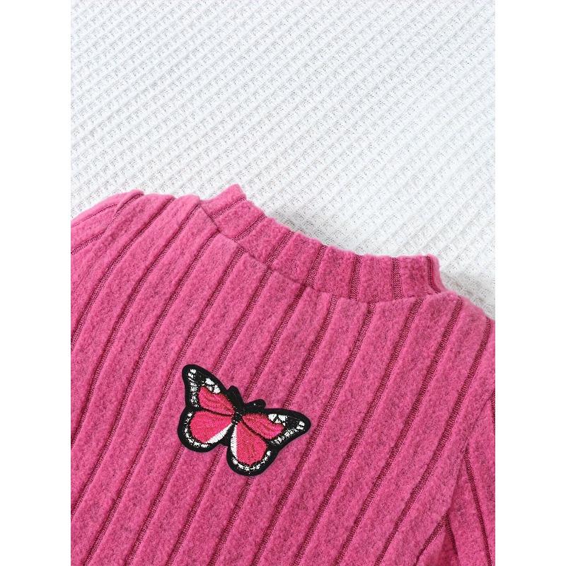 Girls Autumn Short Long-Sleeved Suit Fleece-Lined Warm Bell-Bottom Pants Spring Fall Butterfly Rose Red Home Casual Outing Versatile Two-Piece Set