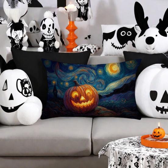 Halloween Pillow Cover Pumpkin under Starry Night Pillowcase Artistic Pillow Case for Bedroom Living Room Guest Rooms Sofa Decor