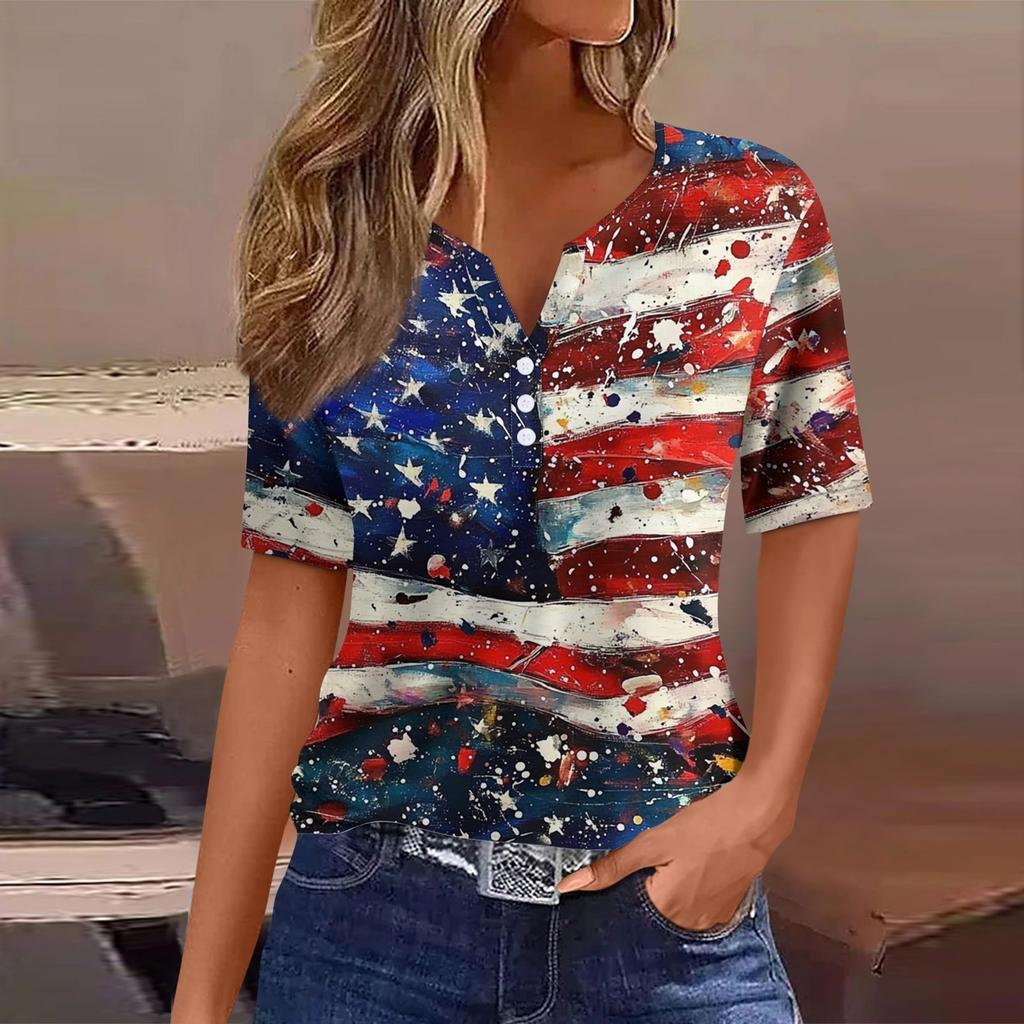 Dámské tričko Tričko Potisk knoflíku Krátký rukáv Denní víkend Móda Basic Top s výstřihem do V