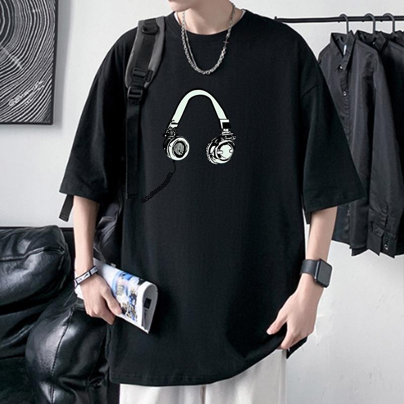 Earphone Pattern Men's Oversized Drop Shoulder T-Shirt 100% Cotton Streetwear Tee