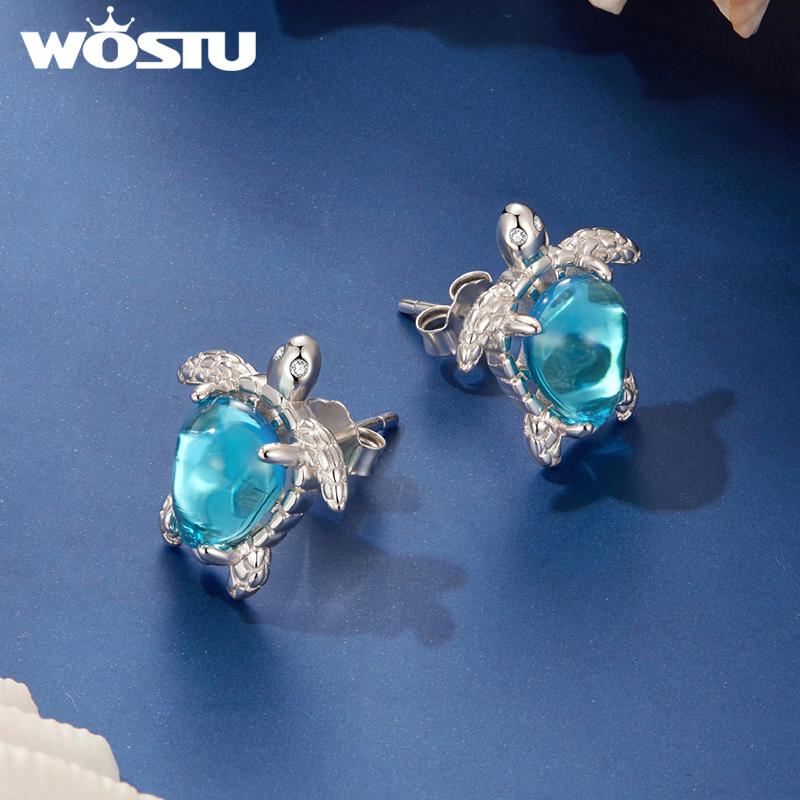 WOSTU Ocean Jewelry Blue Sea Turtle Stud Earrings for Women White Gold Plated Animal Studs 925 Silver backs Holiday Beach Gift