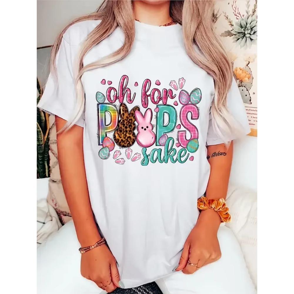 

Plus Size Easter Day Casual T-shirt Women s Plus Cartoon & Letter Print Short Sleeve Slight Stretch Tee XXXXXL чёрный