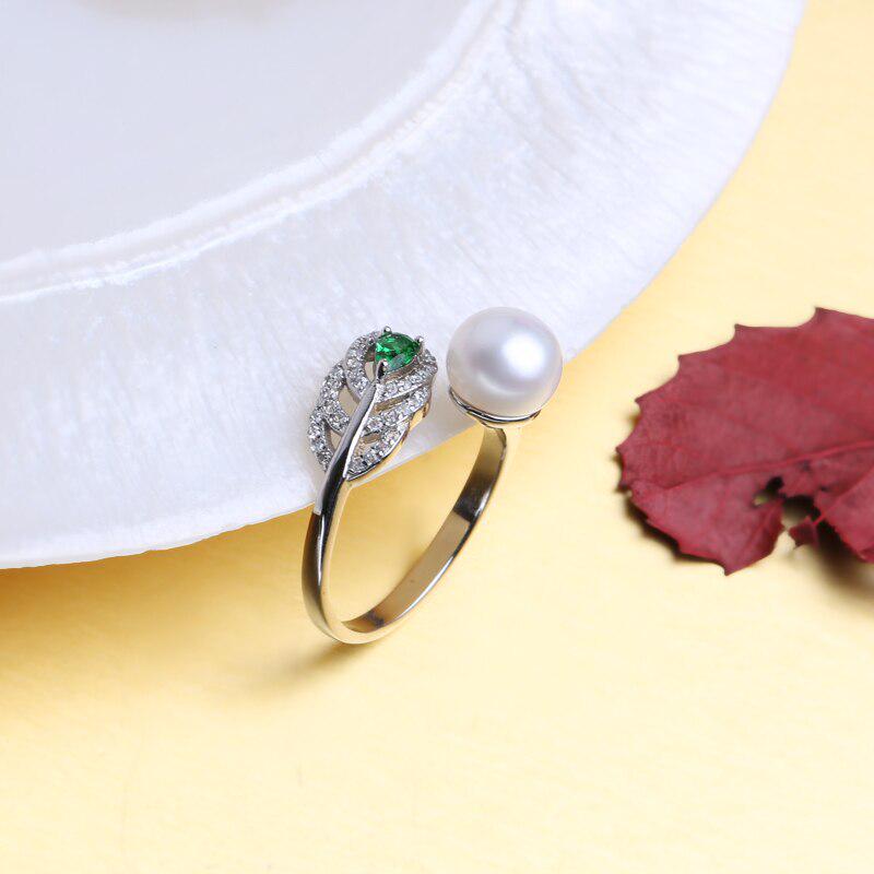 Fenasy Natural Freshwater Pearl Rings For Women Dainty Bohemia Green Crystal Feather Adjustable Ring
