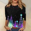 Edición Limitada de Navidad Camiseta de Mujer 3D Roja con Estampado de Árbol de Navidad Cuello Redondo Manga Larga Moda Casual Top de Manga Larga