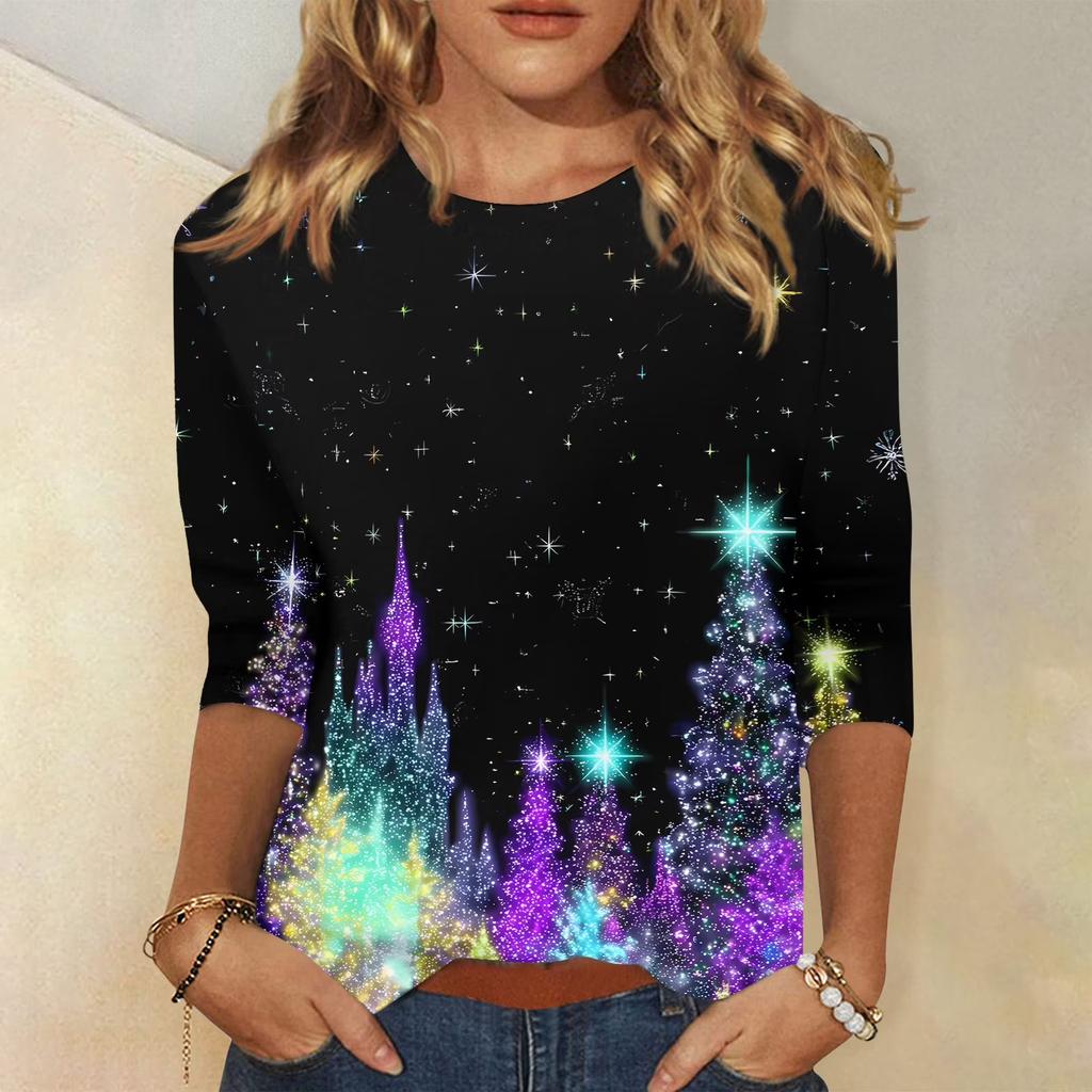 Edición Limitada de Navidad Camiseta de Mujer 3D Roja con Estampado de Árbol de Navidad Cuello Redondo Manga Larga Moda Casual Top de Manga Larga