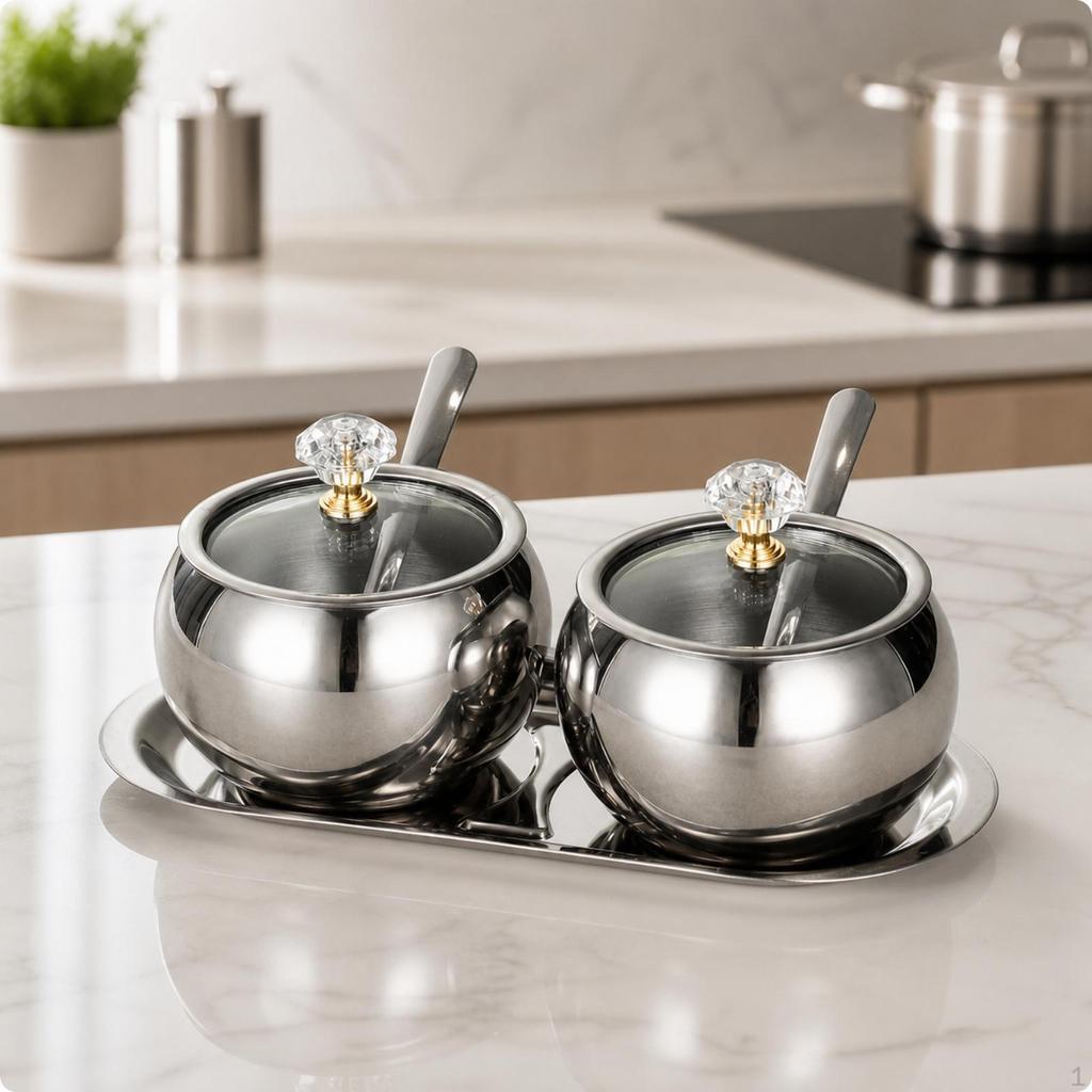 2 Pieces Stainless Steel Condiment Pot Set with Tray Multipurpose