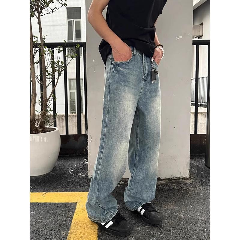 American retro lightning pattern micro-pull jeans men's unknwn nhappy straight loose wide-leg pants