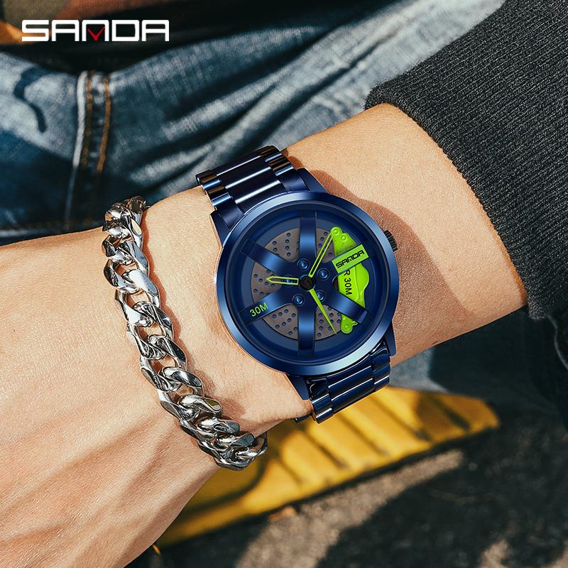 Regarder SANDA Mens Watch Rim Hub Watch Wheel Wristwatch Clock Sport Car Creative 360° Spinning Men Wrist Watch Reloj de hombre