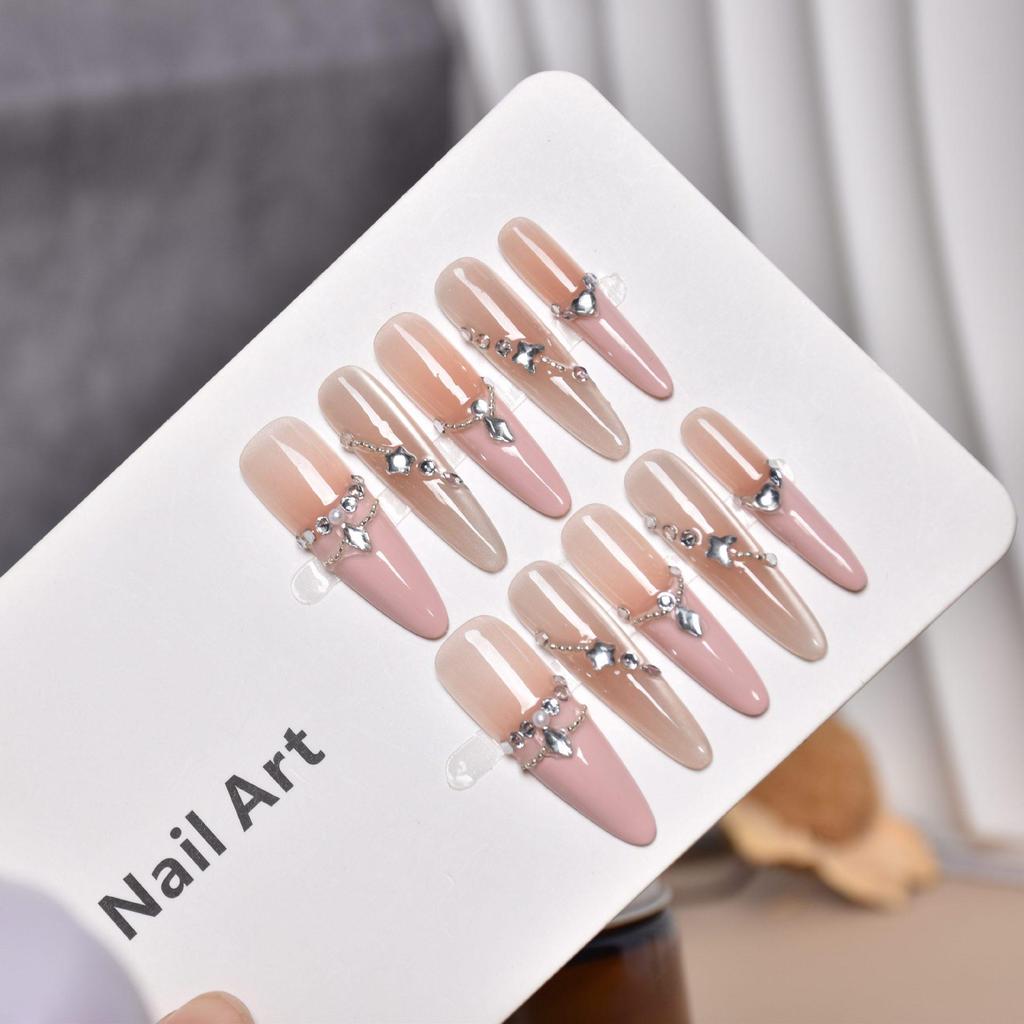 Pink French Cat Eye Long Press-On Nails with Thin Dog Nail Stickers - Removable Fake Nails