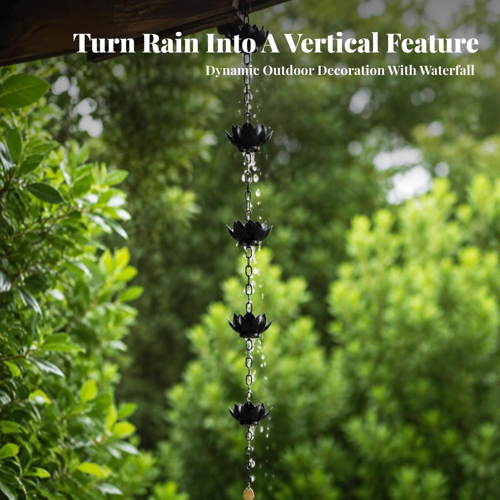 Rain Chain with Lotus Cups Botanical Decorative Outdoor for Courtyard