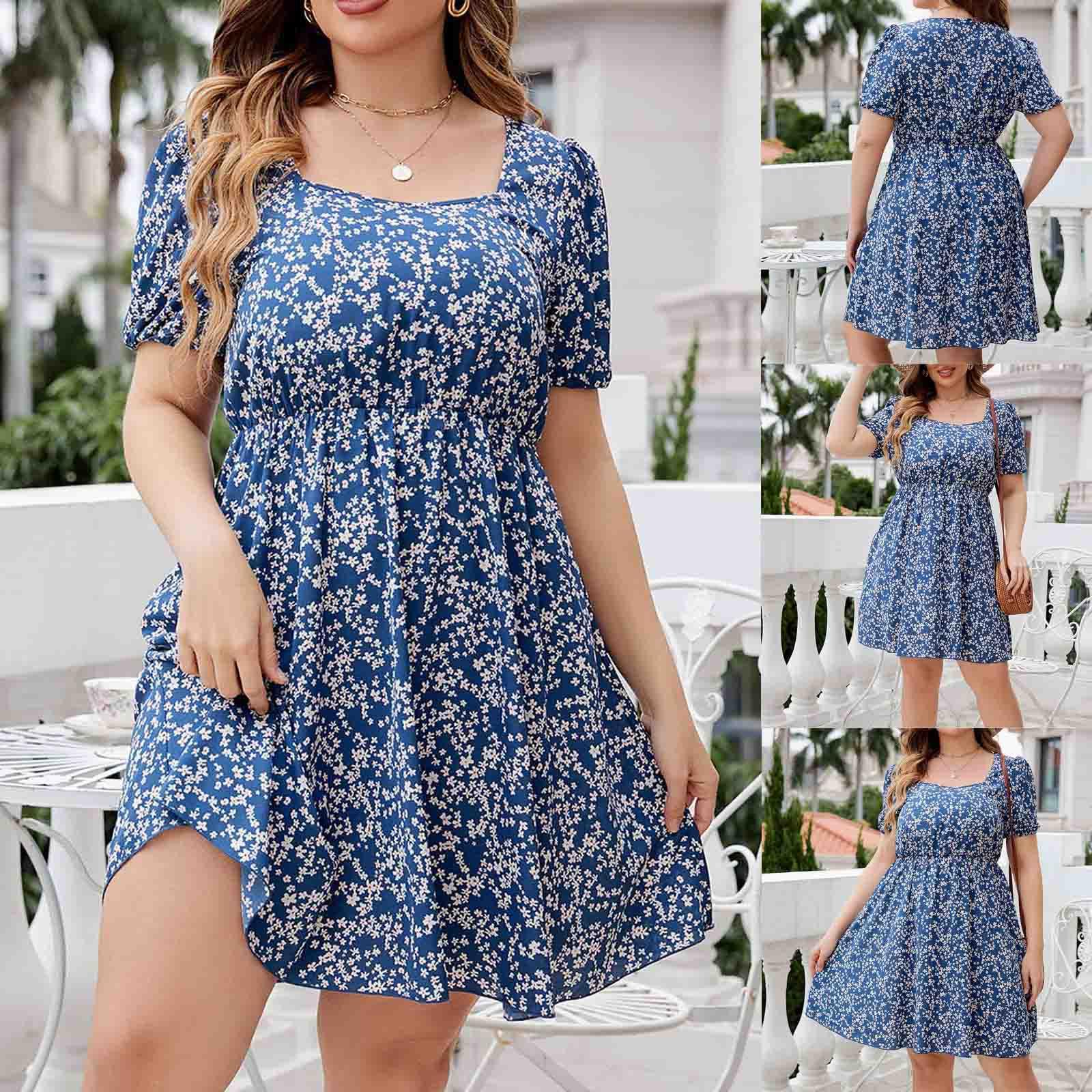 

Женские летние повседневные платья больших размеров с короткими рукавами и квадратным вырезом с рукавами и принтом, свободное платье