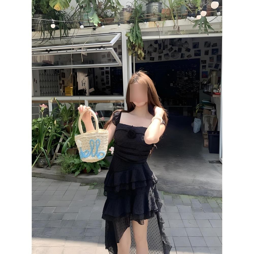 

Дофаминовая юбка с завышенной талией, приморская одежда, праздничный стиль, длинная юбка, женское летнее платье с неровной талией, красное платье со шлейфом XL- (recommended 110-60kg) чёрный