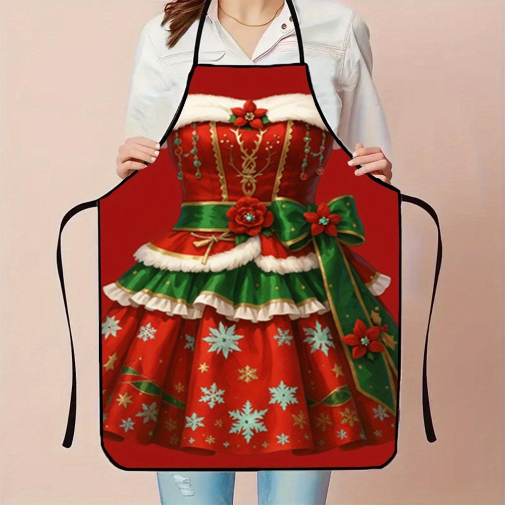 1pc Festive Christmas Apron with Red & Green Poinsettia Snowflake Design, Ruffled Hem & Lace-Like Trim - Durable Polyester Kitch