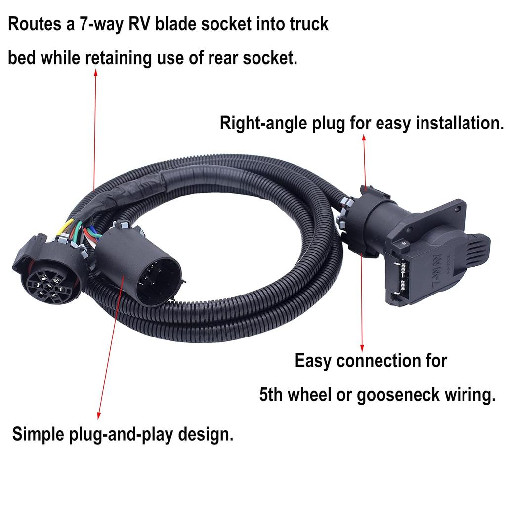 MOCW 7-Foot 7-Pin Vehicle Trailer Wiring Harness Extension Truck Bed Extension For 5Th Wheel And Gooseneck Trailers For Chevrolet, Dodge, Ford,