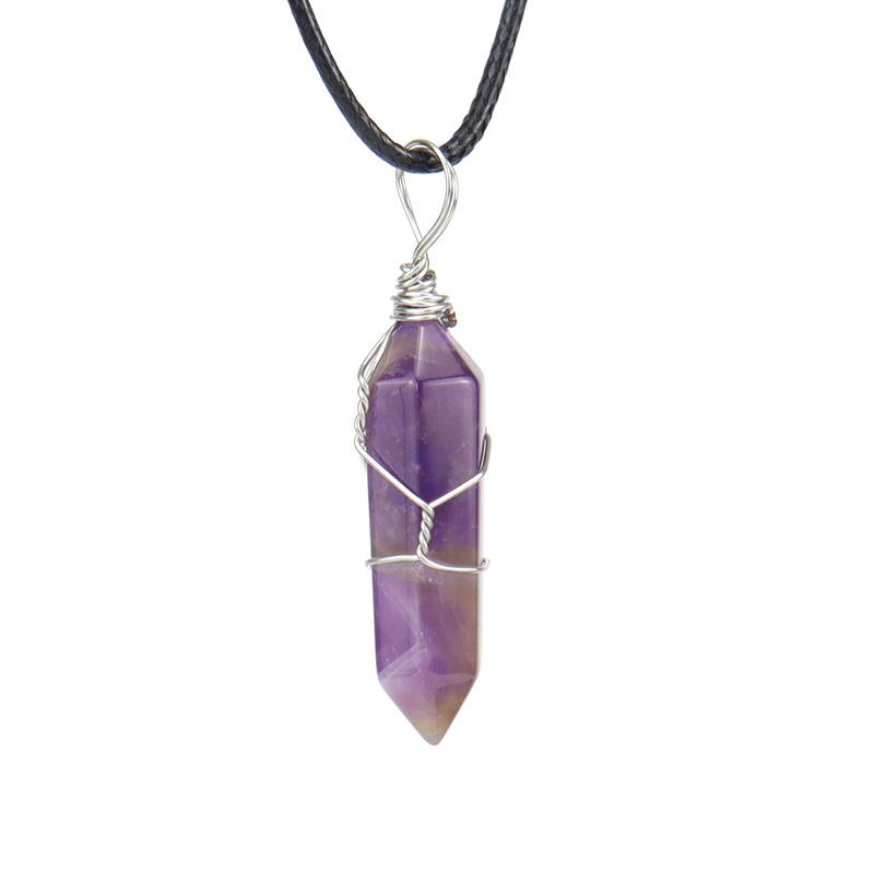 Hand-Wound Natural Stone Crystal Hexagonal Column Pendant Necklace N538 Geometric Beauty