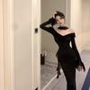 Elegant 2026 French Hepburn Black One-Shoulder Long Dress for Women - High-End Sexy Bodycon Gown for Spring and Autumn