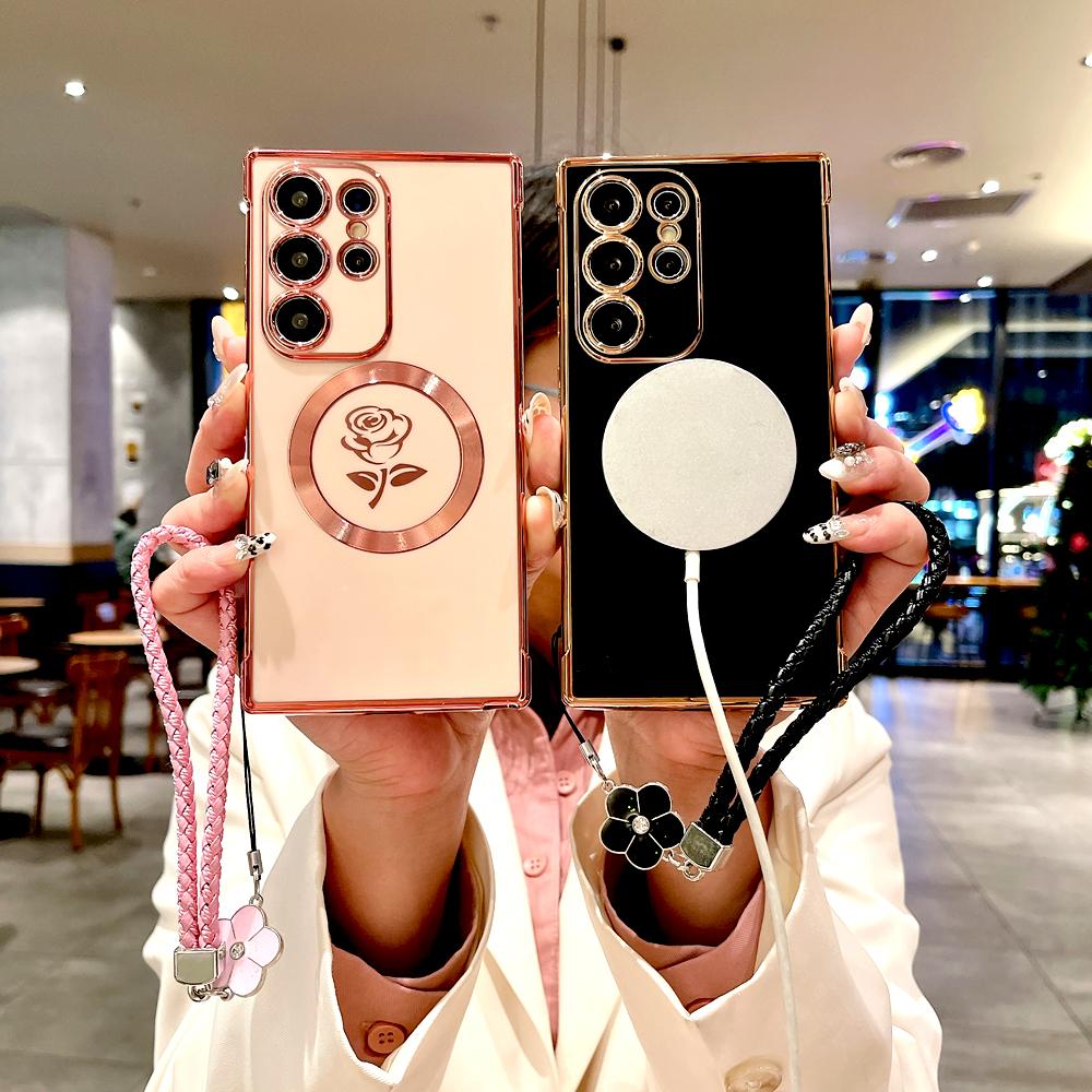 Plating Soft TPU Rose Case For For Samsung Galaxy S26 S25 S24 S23 S22 S21 Ultra Plus S25Ultra Magsafe Charge Cover Lanyard Bracelet