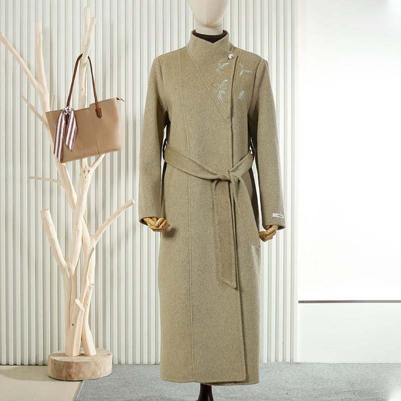 Embroidered wool coat Double-sided woolen long slim-fitting strap stand-up collar woolen coat Wool coat