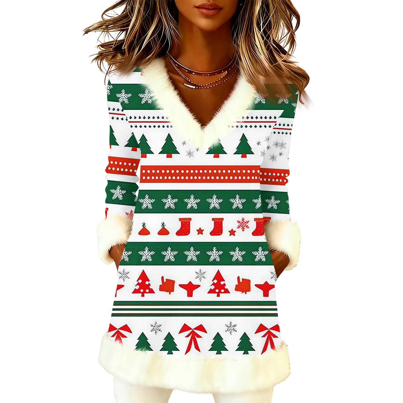 

Women s Christmas Fashion Plush V-Neck Pullover Printed Long-Sleeved Top XL
