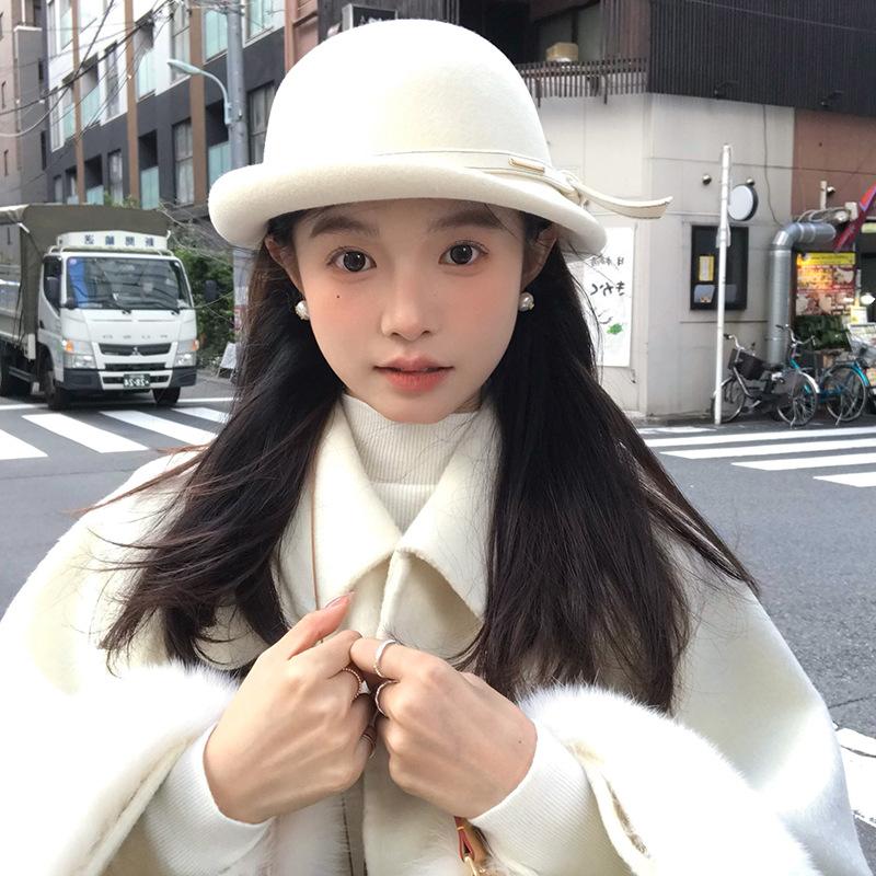 Top Hat Wearing Autumn and Winter Fisherman Hats for Australian Hairy Women with Bows and Basin Hats