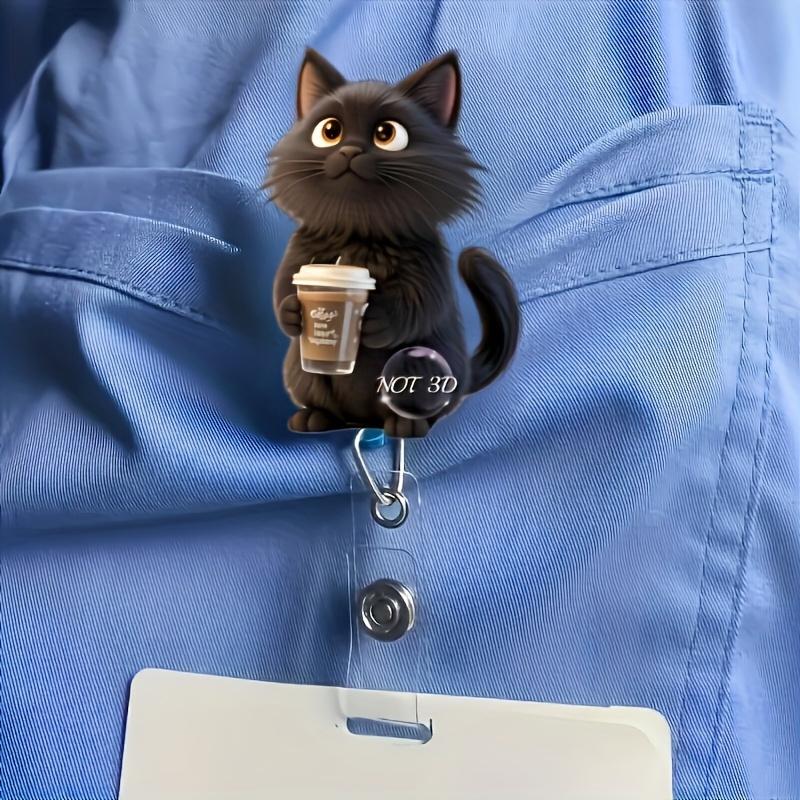 2D Flat Acrylic Black Cat Coffee Cup Retractable Badge Reel, Solid PMMA Clip On ID Holder For Nurse Doctor Medical Student And Office Workplace Staff