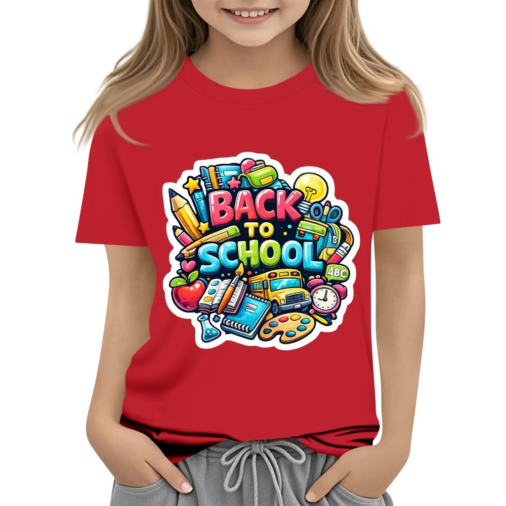 Children's Casual and Fashionable Round-Neck Printed Short-Sleeve Top for Back-to-School