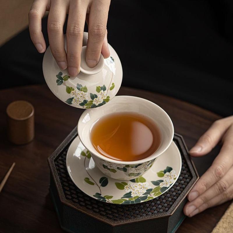 Handbemalte Kamelie Gaiwan Keramik Porzellan Teekanne Schüssel Drehbarer Deckel Untertasse Retro Teetassen Teeceremonie Teegeschirr Trinkgeschirr