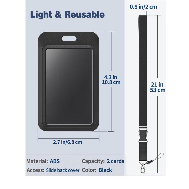 Black ABS Sliding Push-Pull ID Badge Holder with Clip and Phone Lanyard