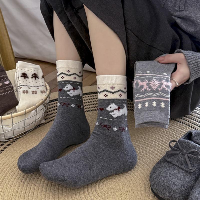 

Женские осенне-зимние ретро теплые утолщенные милые носки с бантом и щенком из шерсти барашка 1 pair темно серый