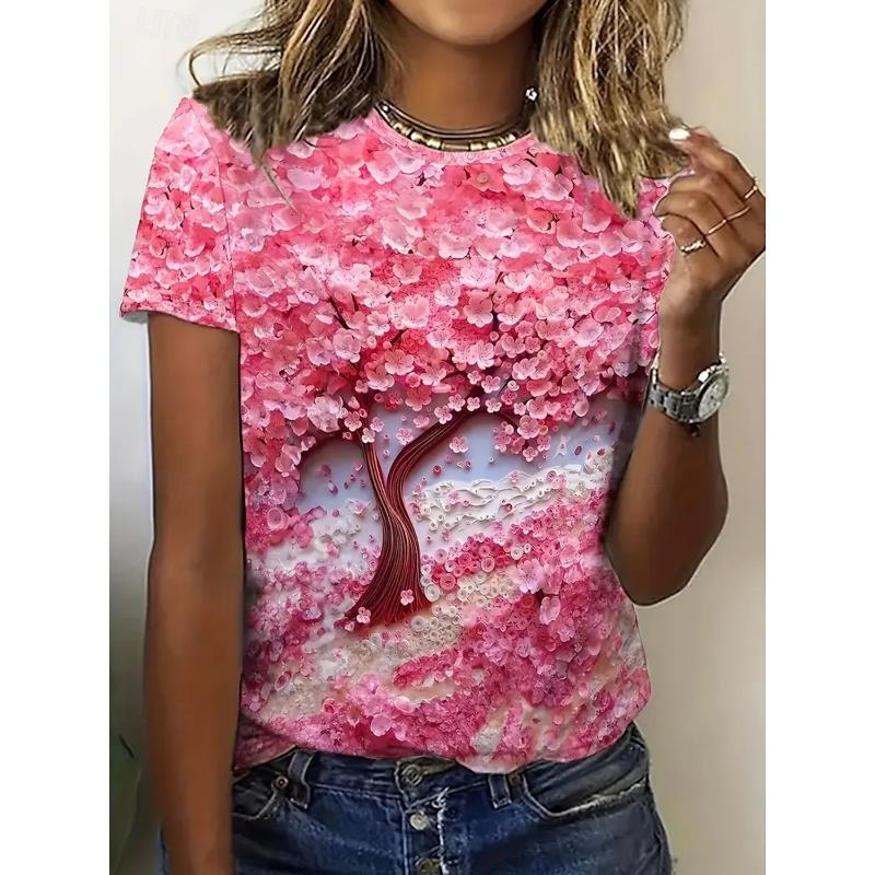 Summer Fashion Women's T-Shirt Beautiful Butterfly Flowers Stylish Printed Casual Short Sleeved Crew Neck Tees Regular Tops