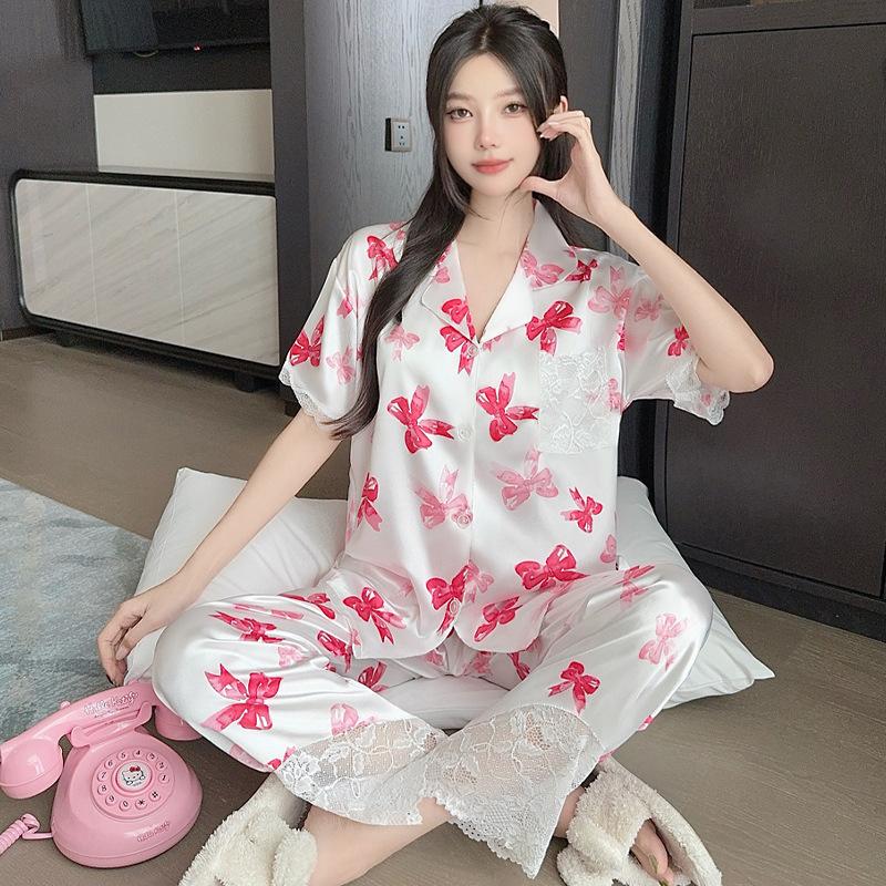 Sweet And Cool Girl Ice Silk Pajamas Women'S Summer Short-Sleeved Trousers Casual Lazy Style Loungewear Can Be Worn Outside