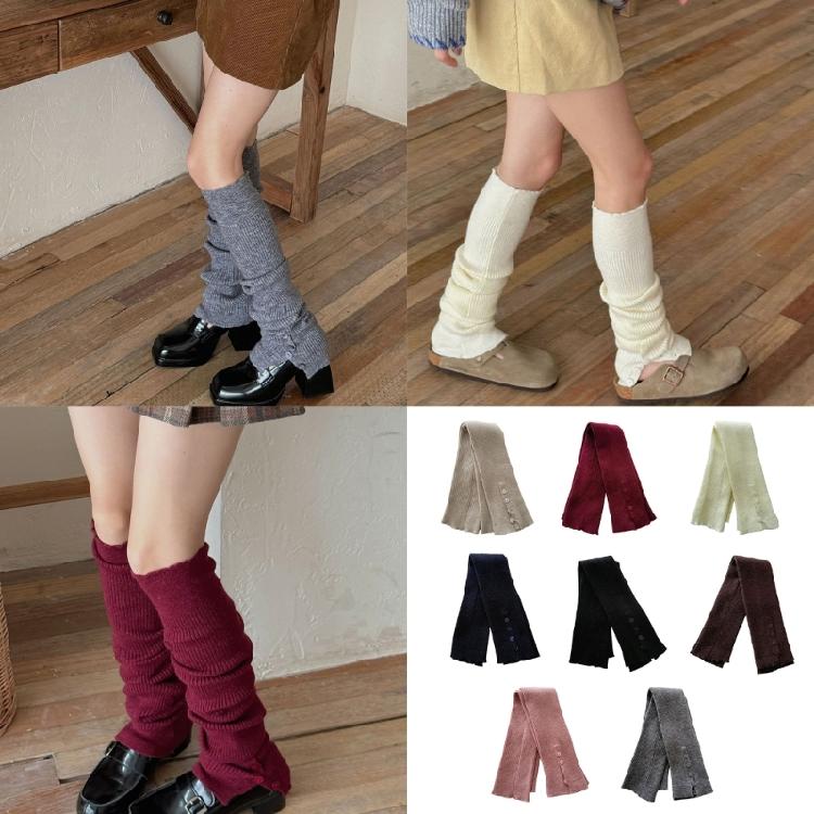 Harajuku Women's Leggings Gaiters Soft Acrylic Knitted Winter Leg Warmers Footless Socks with Side Split Buttons Decors