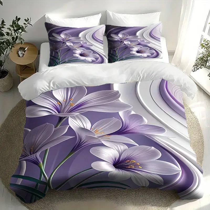 Luksusowa poszewka na kołdrę z fioletowym wzorem kwiatowym, rozmiar Queen King, drukowana cyfrowo 3D, pościel, miękka i wygodna, zestaw 3-częściowy