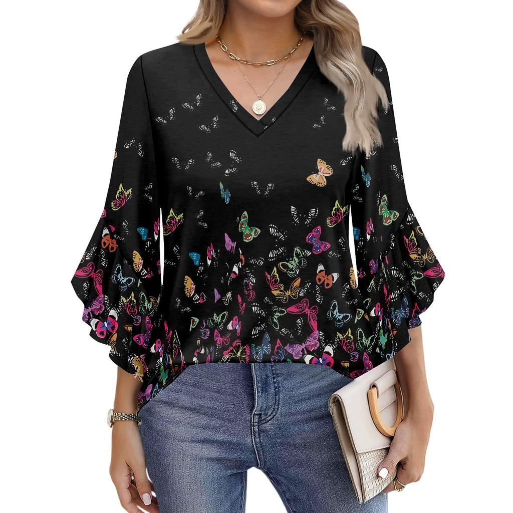 Blouses For Women Dressy Casual 3/4 Length Sleeve Womens Tops V Neck Tshirts Shirts With Flared Sleeve