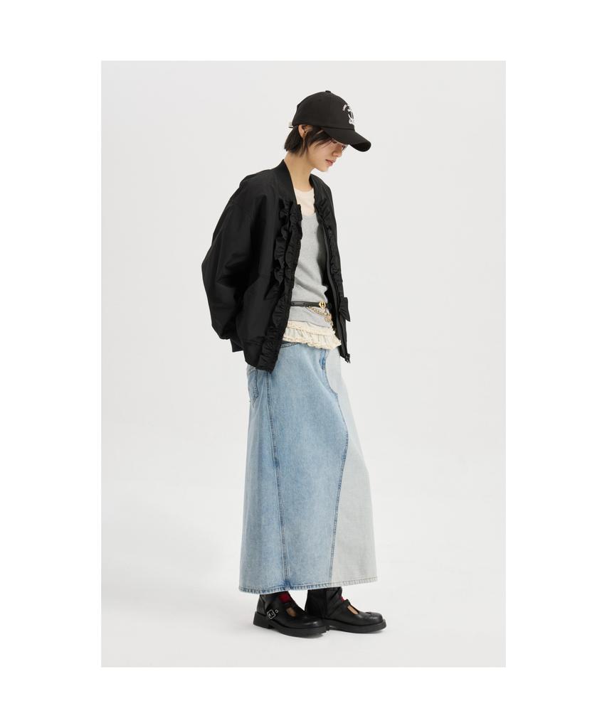 LUCKY CHOUETTE Back Banding Color Block Long Denim Skirt (Blue) Lfpdm25320Bux