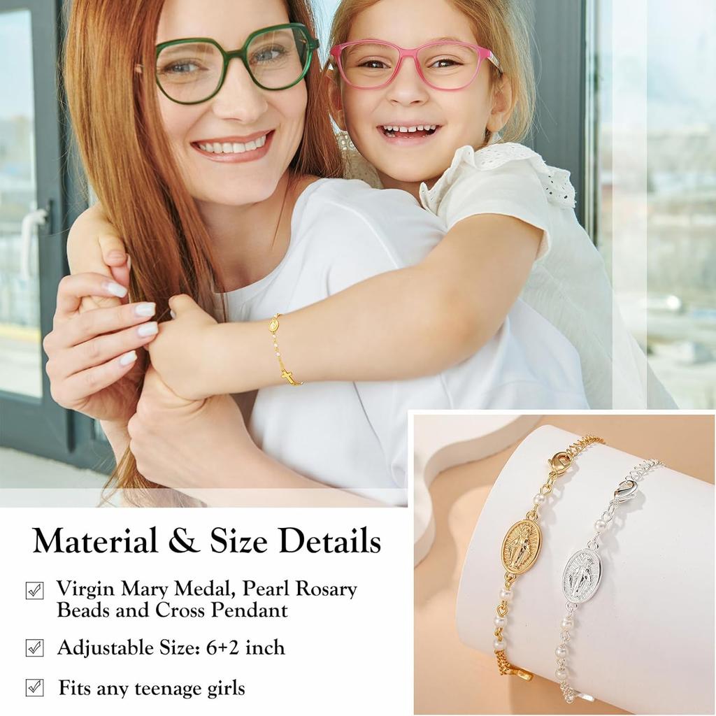 Catholic Gifts for Women Girls Pearl Rosary Beads Virgin Mary Cross Bracelet First Communion Baptism Religious Christian Jewelry
