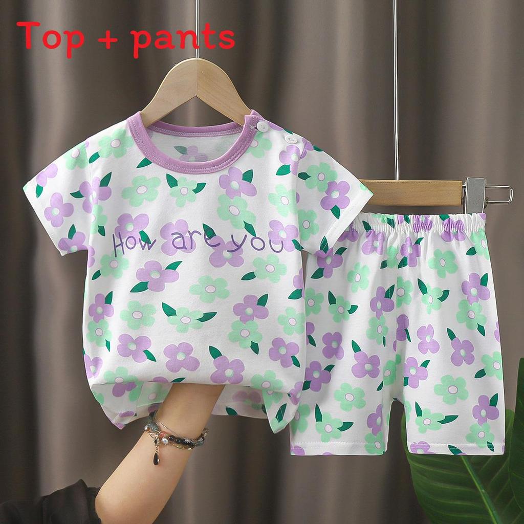 Baby Boy Girl Summer Cotton Short Sleeve Tshirt And Shorts Set With Animal Prints For Toddler Kids