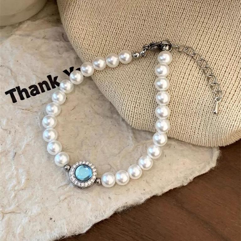 Aquamarine Blue Pearl Necklace, Broken Silver Collarbone Chain, Niche Design Sense, Sweater Chain Women'S French Light Luxury Niche Design Sense