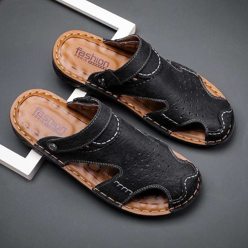 Cool Slippers Men'S Outdoor Fashion Cowhide Beach Shoes Breathable Bag Head Hole Shoes