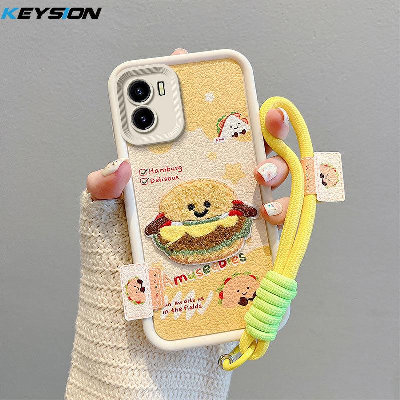 KEYSION Cartoon Cute Plush Embroidery Case for VIVO Y15S Y15A with Lanyard Soft Silicone Shockproof Phone Cover for VIVO Y16 Y01