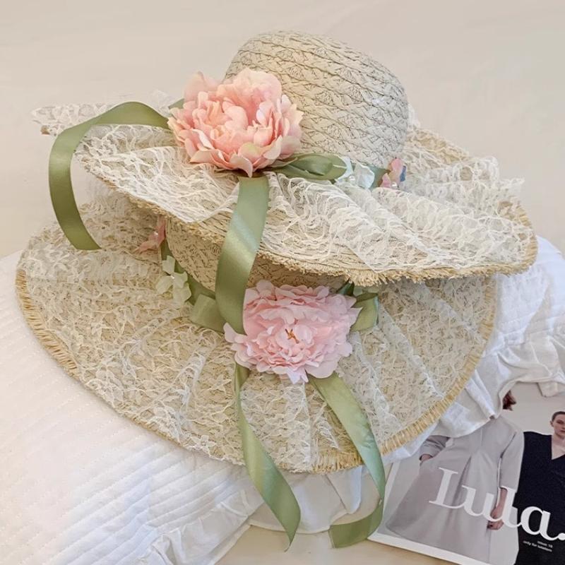 1pc Sweet Flower Bow Lace Straw Hat for Women,summer Sun Beach Vacation Style,big Brim,sunshade Sun Protection Hat for Tralve